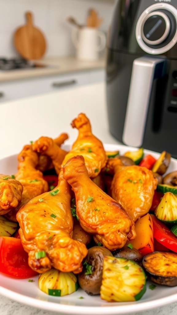 Crispy chicken wings and grilled vegetables cooked in an air fryer, garnished with herbs, in a modern kitchen.